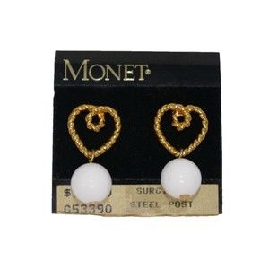 Monet Gold Tone Heart with White Bead Dangle Earrings